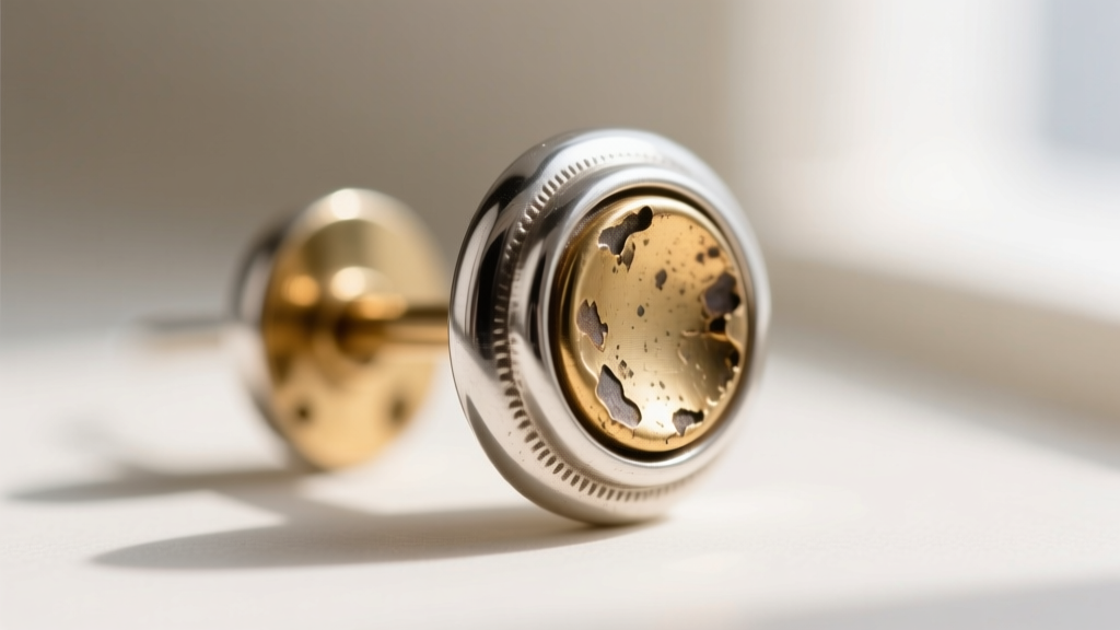 Macro shot of brass base metal showing through a worn silver plated earring post, showing the need for gentle cleaning methods