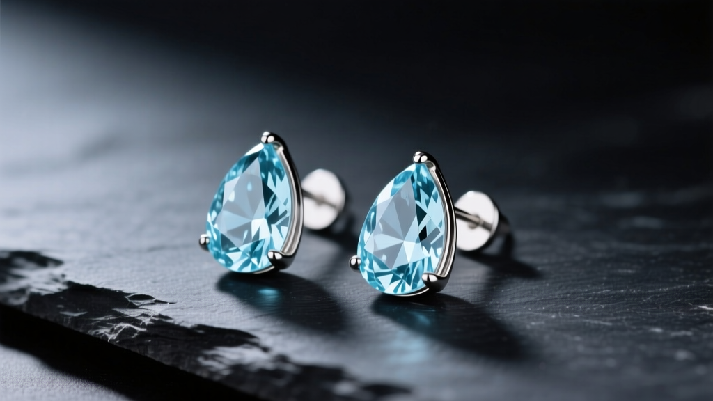 Silver aquamarine drop earrings on dark slate, showing pale blue facets and polished sterling settings under soft studio light.