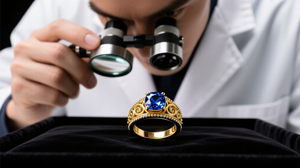 Jeweler using a 10x loupe to inspect a vintage 18k gold sapphire ring on black velvet under bright, focused lighting.
