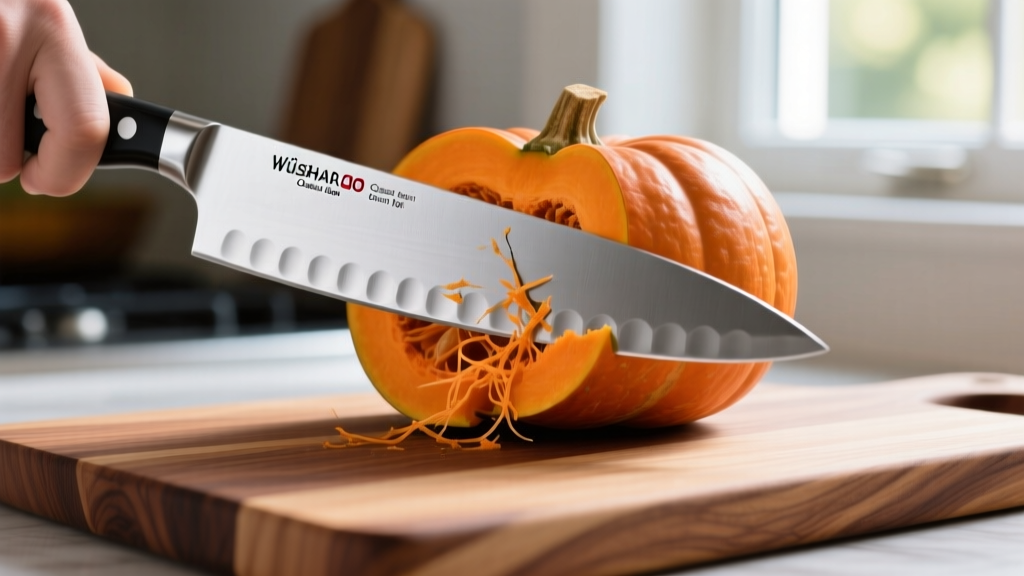 Wüsthof Classic Ikon 8-inch chef knife slicing hard butternut squash on an end-grain maple board showing the steel full tang