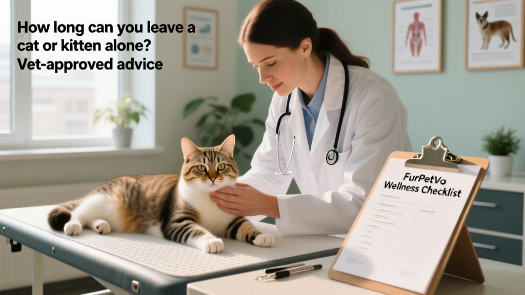 Veterinarian gently examining a relaxed cat during a routine wellness check, with FurPetVo wellness checklist visible on clipboard