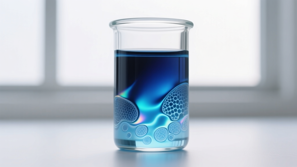 Macro shot of thermochromic liquid crystals in a glass vial showing a gradient shift from deep indigo to bright cyan blue colors