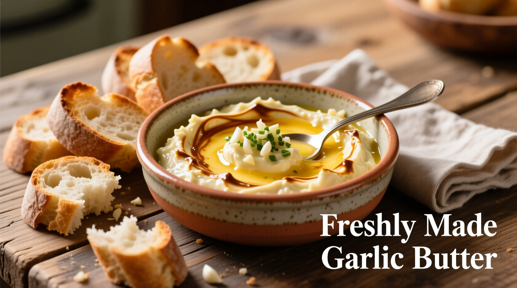Homemade garlic butter dip in ceramic bowl with bread