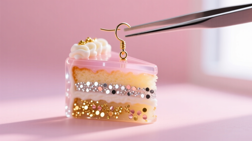 Close-up of a UV resin cake slice earring with metallic sprinkles, held by tweezers against a soft pastel pink background