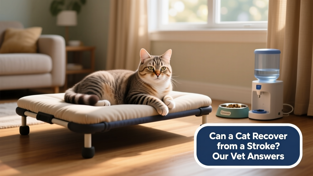 Senior cat comfortably resting beside a supportive orthopedic bed with easy-access food and water bowls nearby