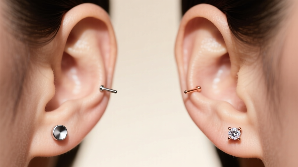 Macro shot of two earlobes showing ideal 8mm spacing between piercings, highlighting a 5mm bezel stud and a 3mm prong stud