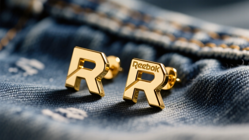Close-up of vintage 1990s gold-tone Reebok vector logo stud earrings resting on faded denim, illuminated by warm studio lighting.