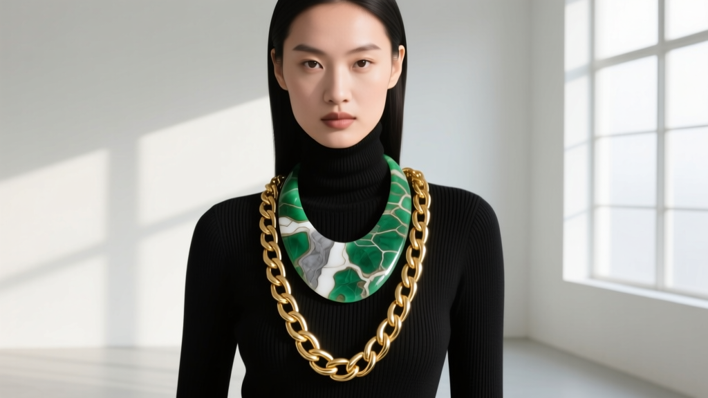 Model wearing a 16-inch gold chain and a 20-inch green terrazzo resin necklace layered over a black turtleneck sweater.