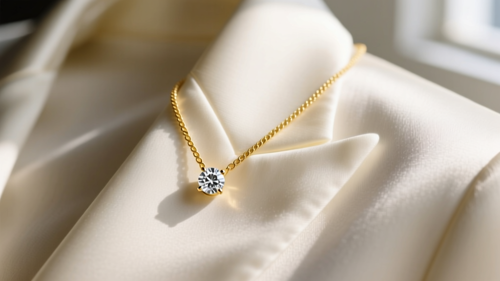 Delicate 14k yellow gold 1mm cable chain on a silk lapel with a 3mm bezel-set diamond pendant in soft natural window light