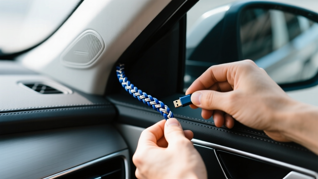 Hands routing a braided USB-C cable behind the weather stripping and A-pillar airbag of a modern vehicle interior.