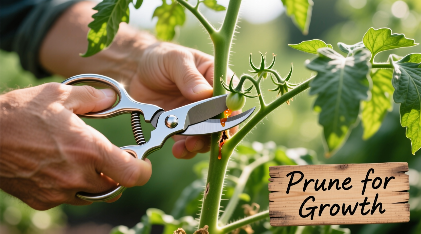 Hand pruning tomato suckers with clean shears