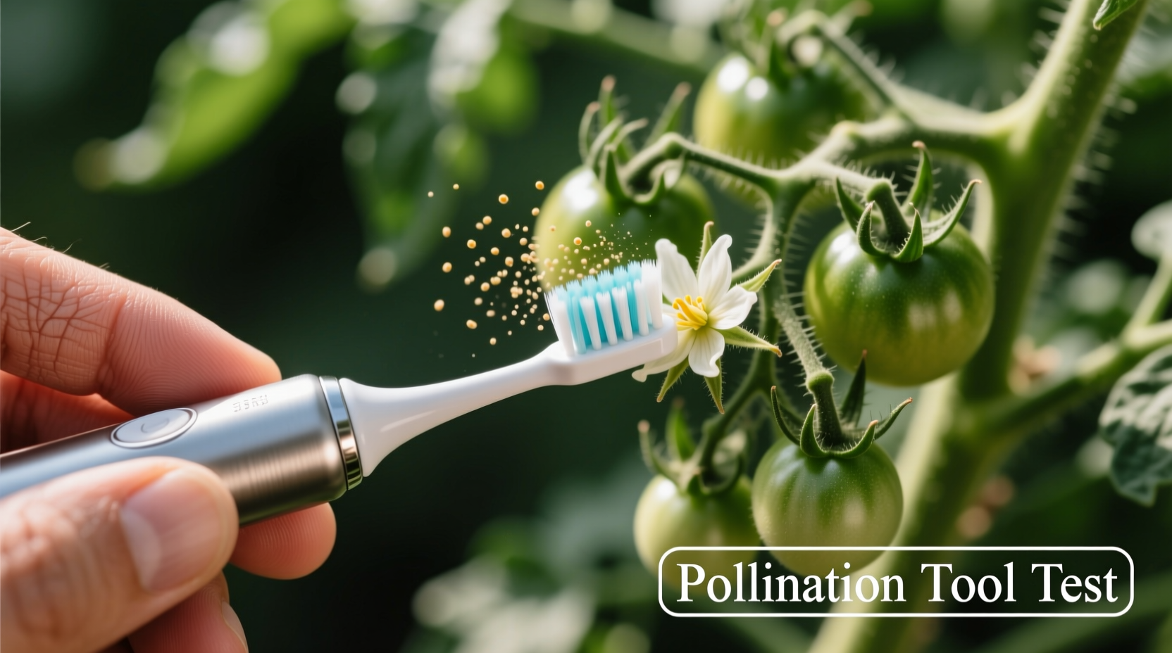 Close-up of hand pollinating tomato flowers with electric toothbrush
