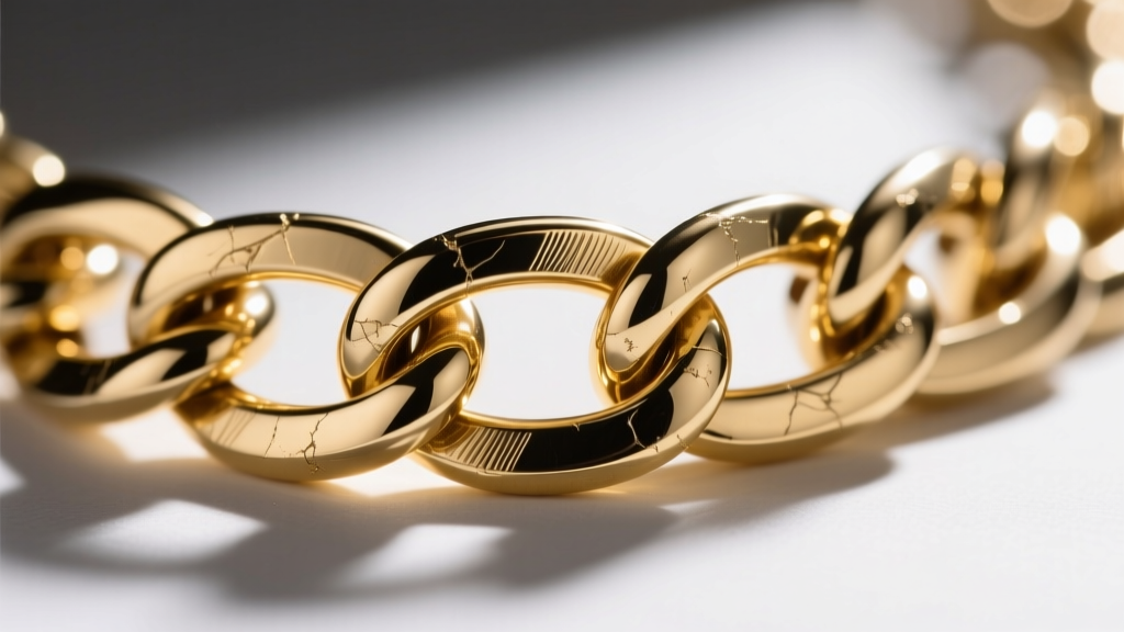 Macro shot of a brass chain necklace revealing thick gold plating and clear e-coating under bright directional studio lighting