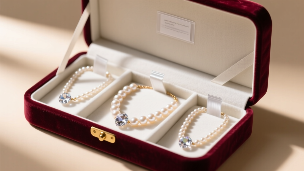 Open velvet jewelry box containing anti-tarnish silica strips and individually compartmentalized delicate crystal pearl necklaces