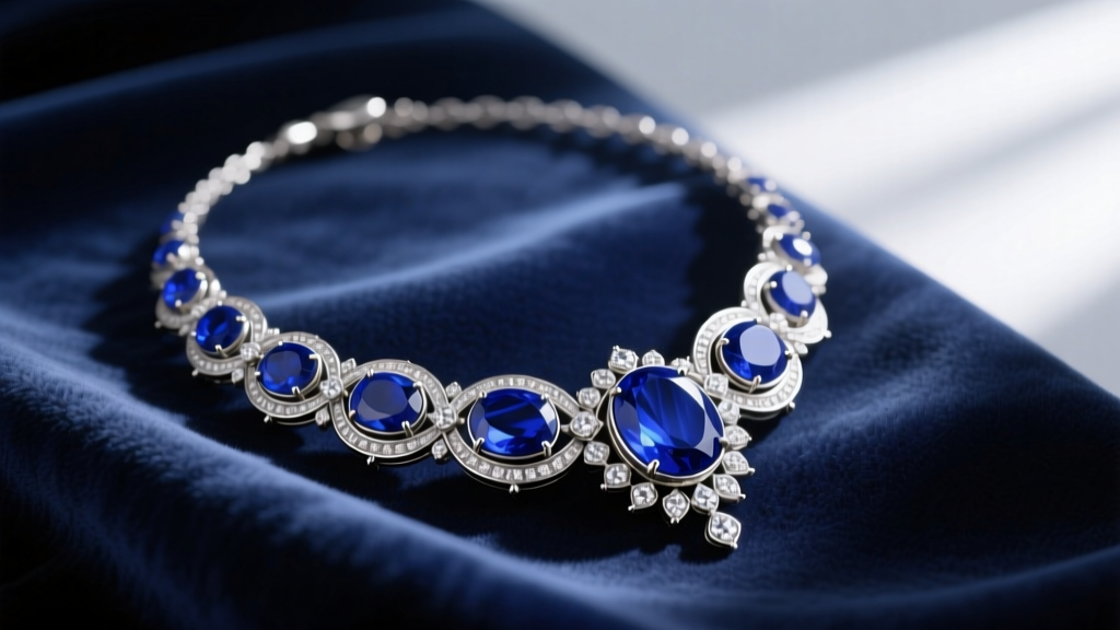 Art Deco vintage lapis necklace with deep blue cabochons set in platinum and diamond accents, resting on dark navy velvet fabric