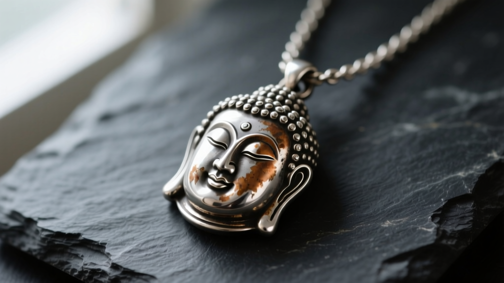Close-up of a tarnished sterling silver buddah necklace pendant on dark slate, highlighting oxidation in the carved facial details.