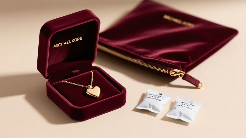 Anti-tarnish bag holding a Michael Kors heart necklace inside a velvet jewelry box, resting next to small silica gel packets.