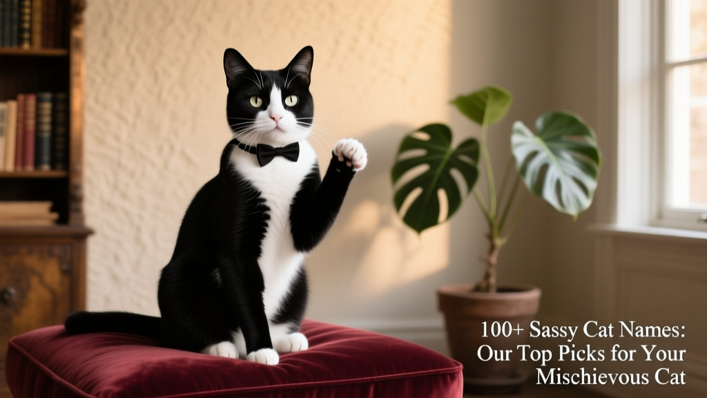 A poised, sleek black-and-white tuxedo cat sitting upright on a velvet cushion, one paw delicately raised, looking directly at the camera with an expression of serene superiority