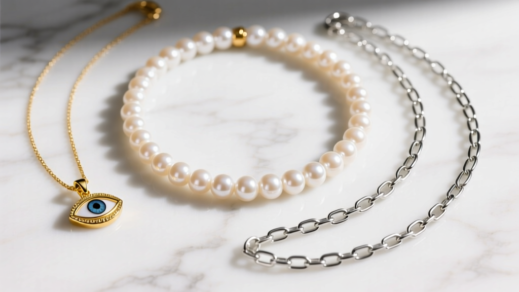 Flat lay of layered necklaces: 14-inch pearl choker, 16-inch gold evil eye pendant, and 18-inch paperclip chain on white marble