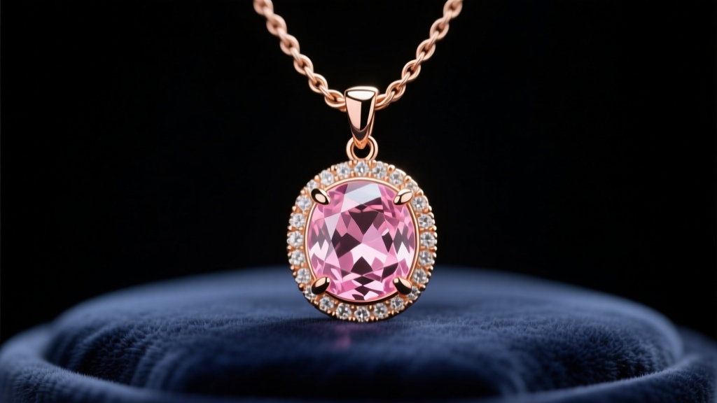 Macro shot of a cushion morganite pendant in 14k rose gold on a cable chain, resting on dark velvet under soft studio lighting