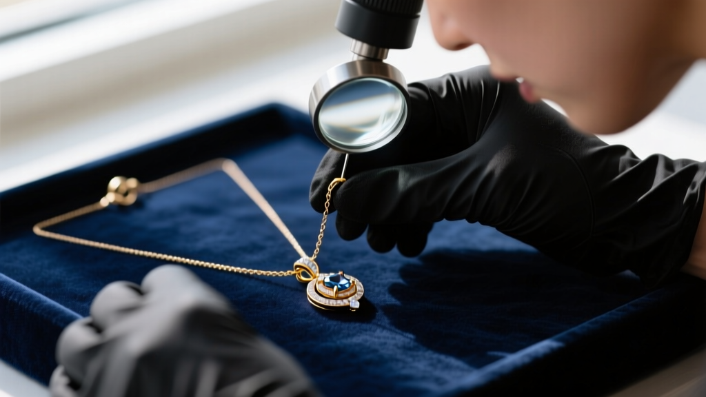 Jeweler using a loupe to inspect a soldered jump ring on a pendant attached to a trio necklace clasp mechanism on dark velvet