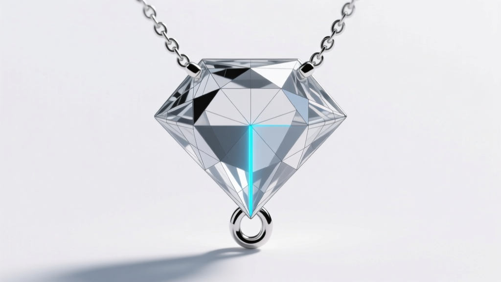 CAD wireframe rendering of a geometric diamond shaped necklace bail, showing the center of gravity axis and drop-loop integration.