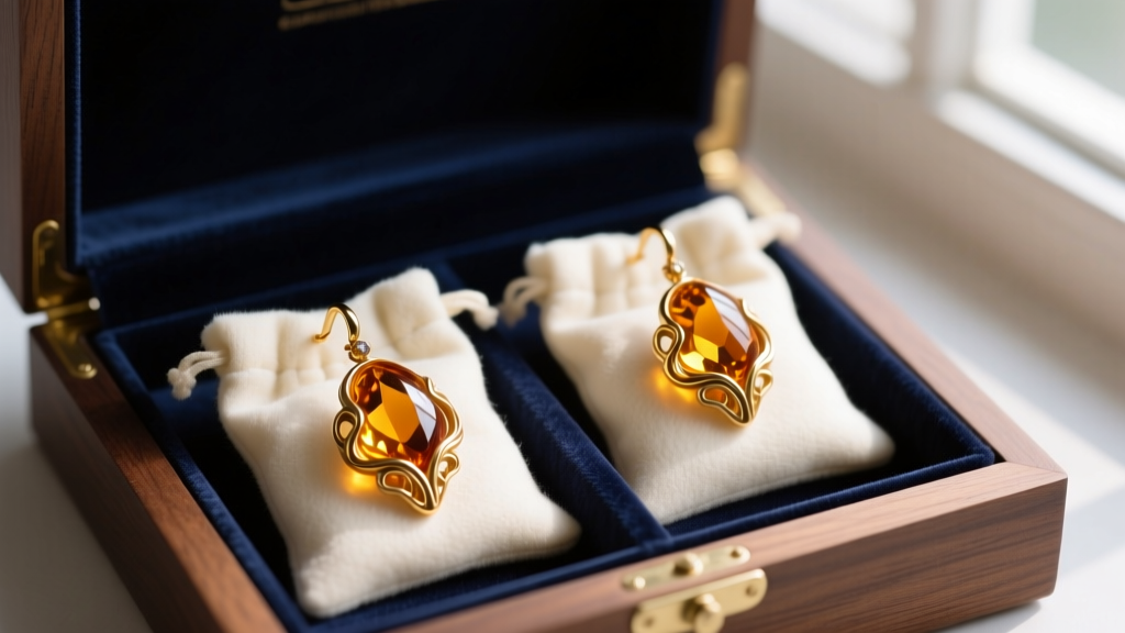 Botw inspired amber earrings stored separately in soft flannel pouches inside a dark, velvet-lined wooden jewelry box.