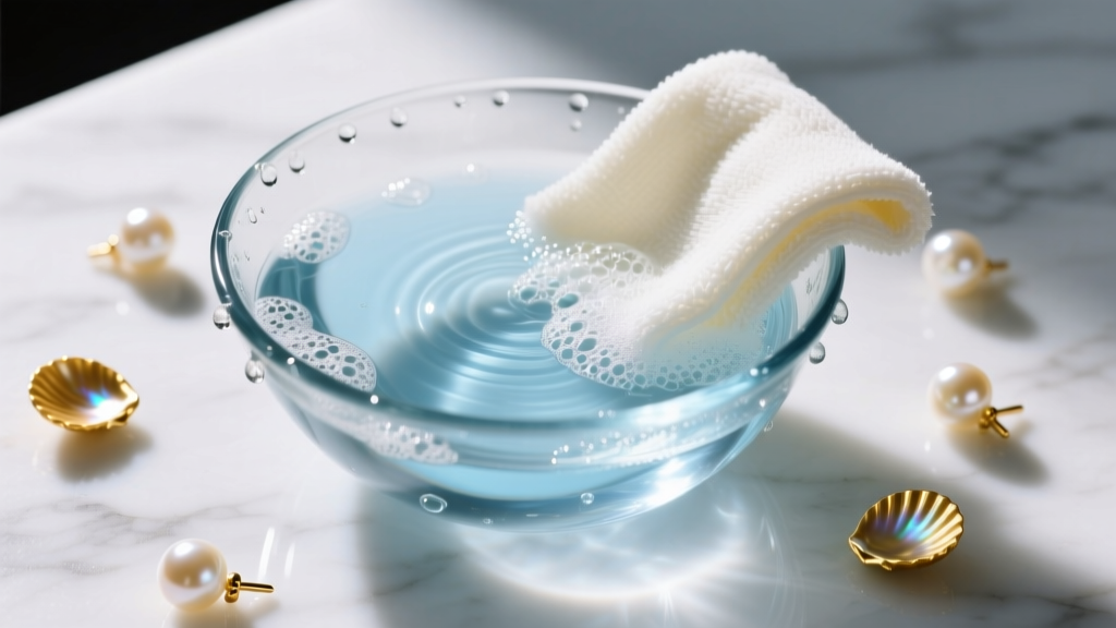Top-down view of a glass bowl with soapy water, microfiber cloth, and gold shell pearl studs being carefully cleaned by hand.