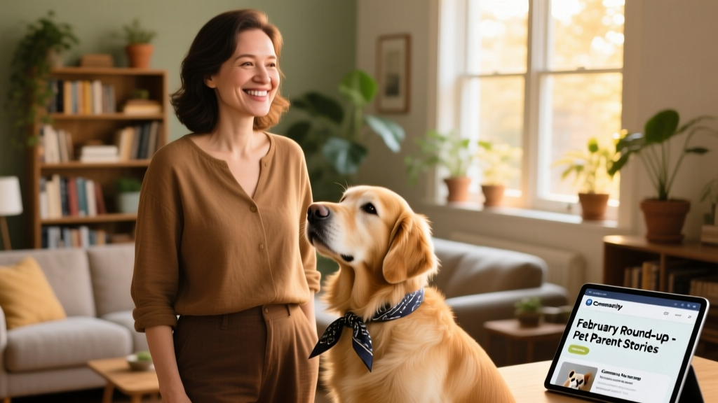 Portrait-style photo of a friendly, approachable person smiling beside their calm, well-groomed dog — symbolizing the dual role of sitter and pet parent
