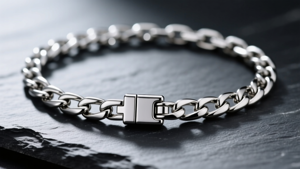 Macro shot of a 5mm 316L stainless steel Figaro chain necklace with a secure box clasp, laid flat on dark slate