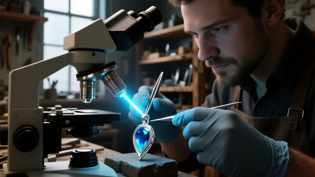 A jeweler using a laser welder microscope to repair a snapped sterling silver hand pendant finger joint in a dimly lit workshop.
