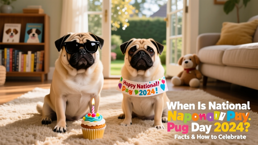 Two pugs side-by-side on a cozy rug, one wearing sunglasses and the other holding a tiny birthday cupcake