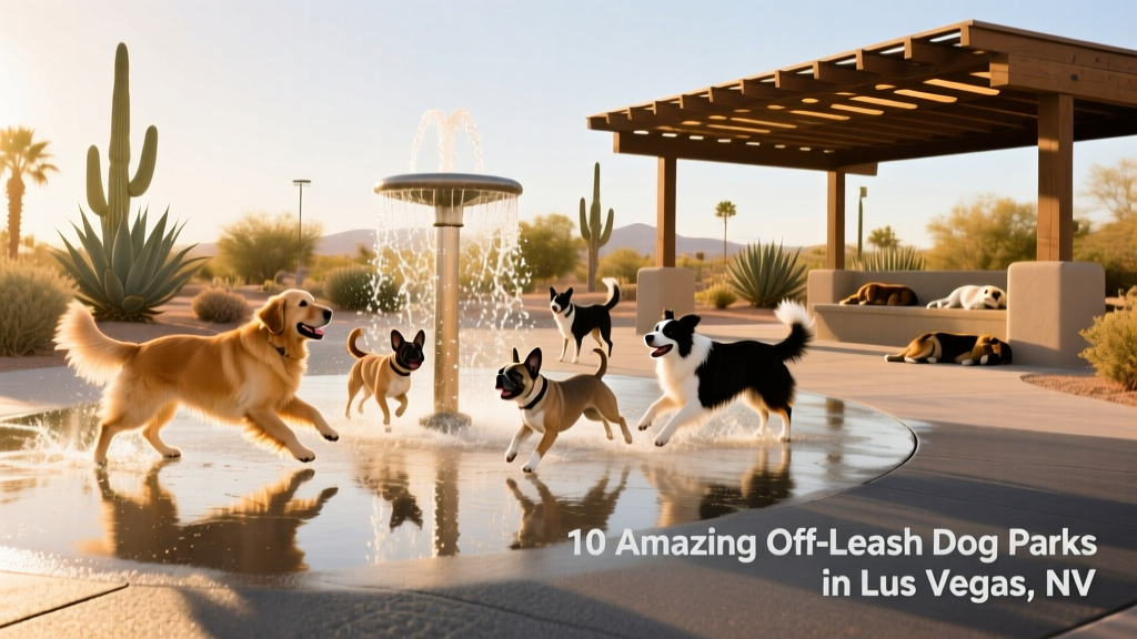 A modern dog park with rubberized ground surface, splash pad, and shaded ramada with dogs playing nearby