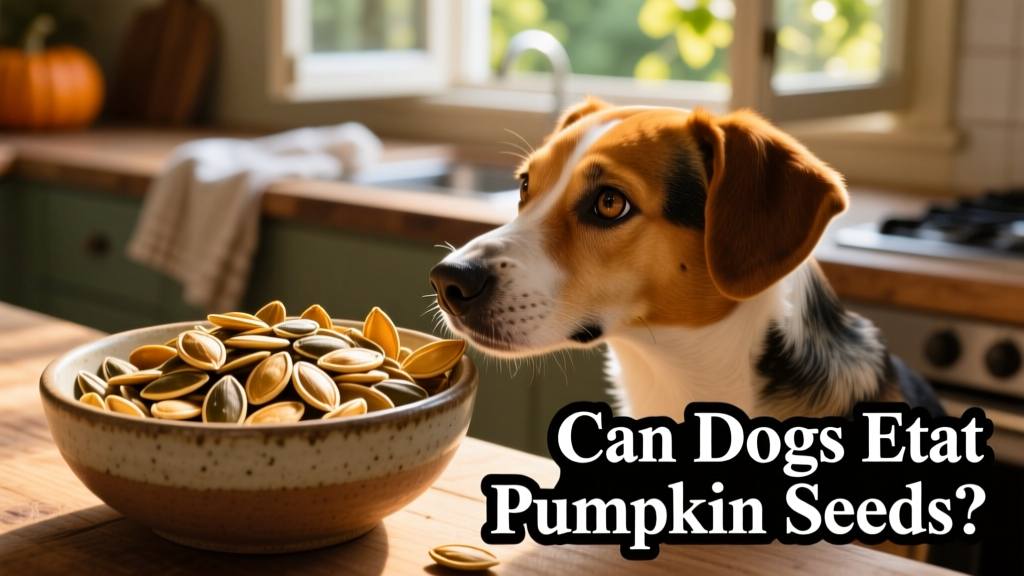 A bowl of freshly roasted, unsalted pumpkin seeds next to a curious dog