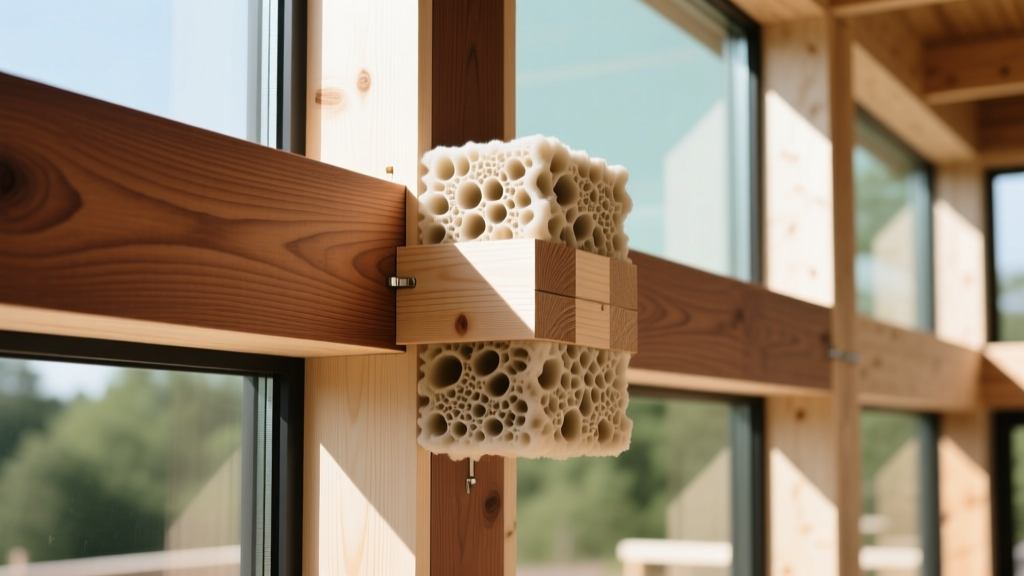 Close-up of cross-laminated timber panels interlocking with mycelium insulation blocks inside a modern sunlit timber-frame construction site