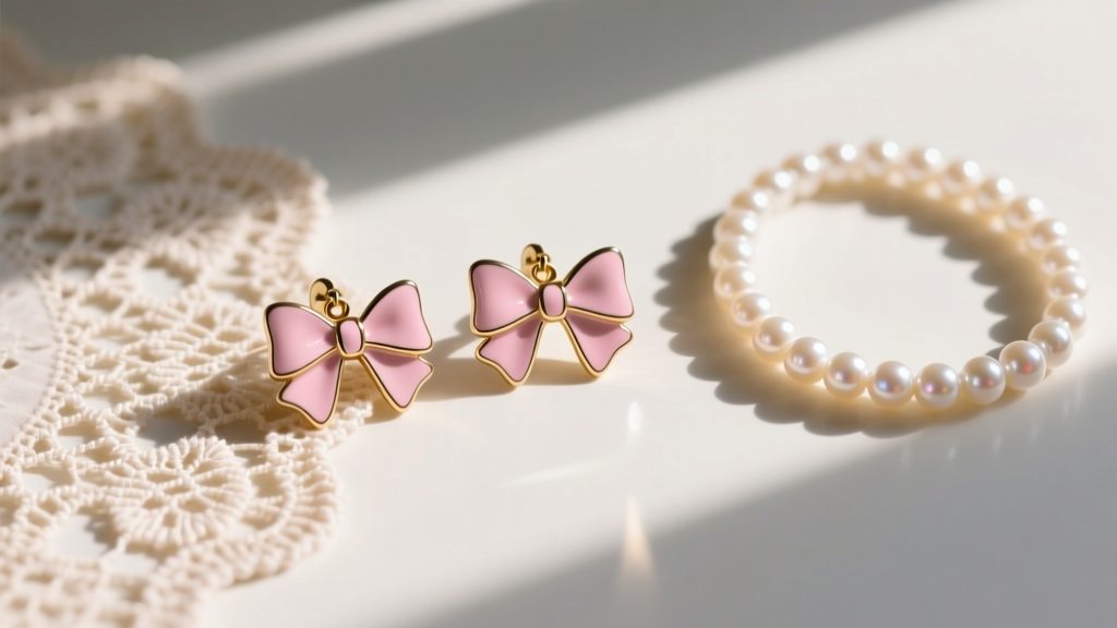 Flat lay of pastel pink enamel bow drop earrings on vintage lace beside a pearl necklace, soft morning sunlight casting shadows.