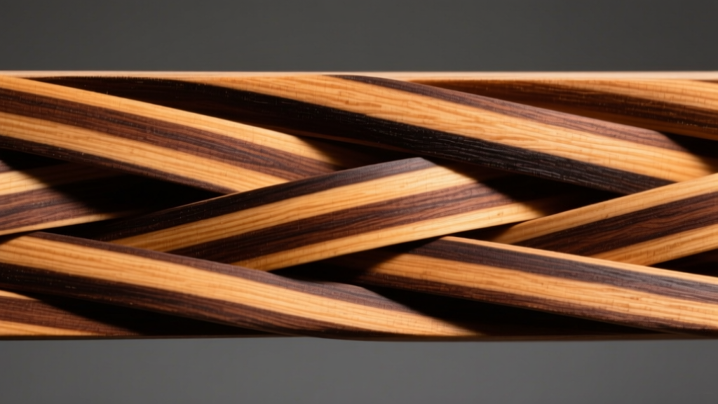 Macro photography of interlocked wood grain in Sapele lumber showing alternating light and dark ribbon stripes under workshop lighting