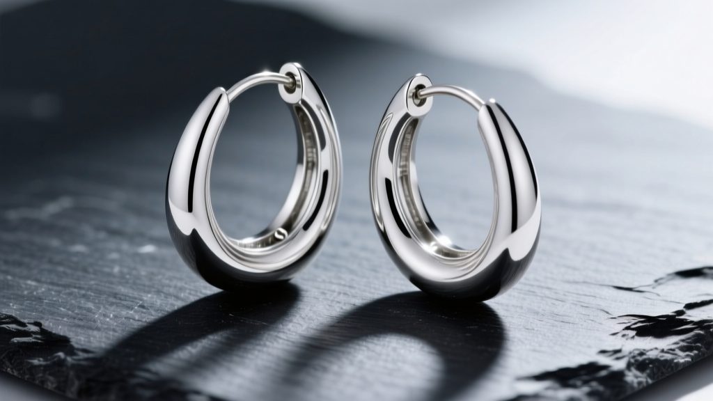 Macro shot of polished Argentium silver teardrop hoop earrings on dark slate, highlighting seamless solder joints and smooth curves