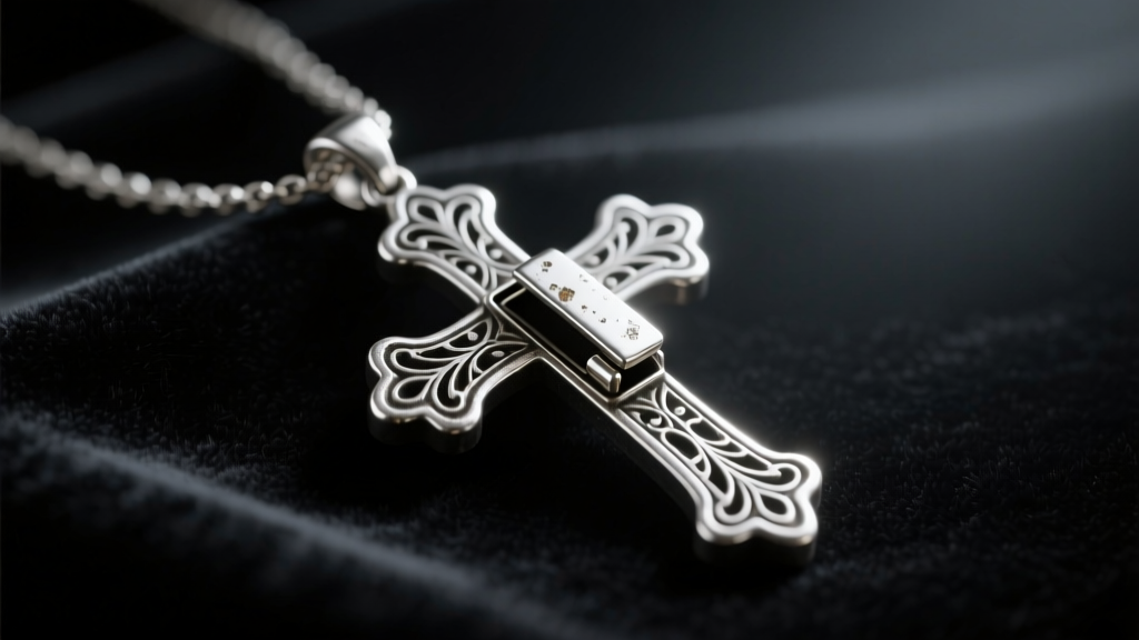 Vintage silver cross pendant with a hidden hinge compartment, resting on dark velvet under soft, moody cinematic lighting.