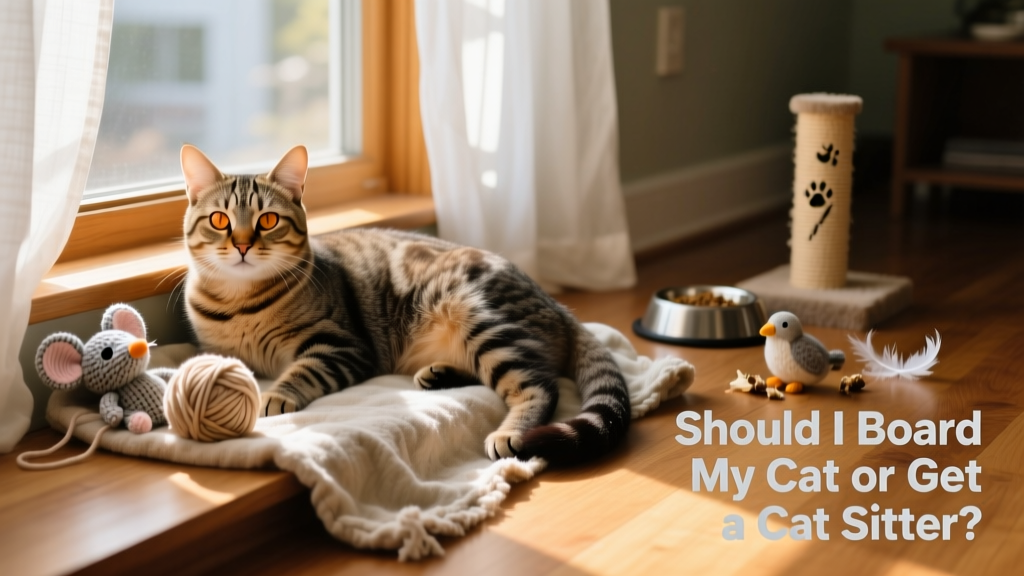 A relaxed cat lounging on a sunlit windowsill in its own home, surrounded by familiar toys and bedding