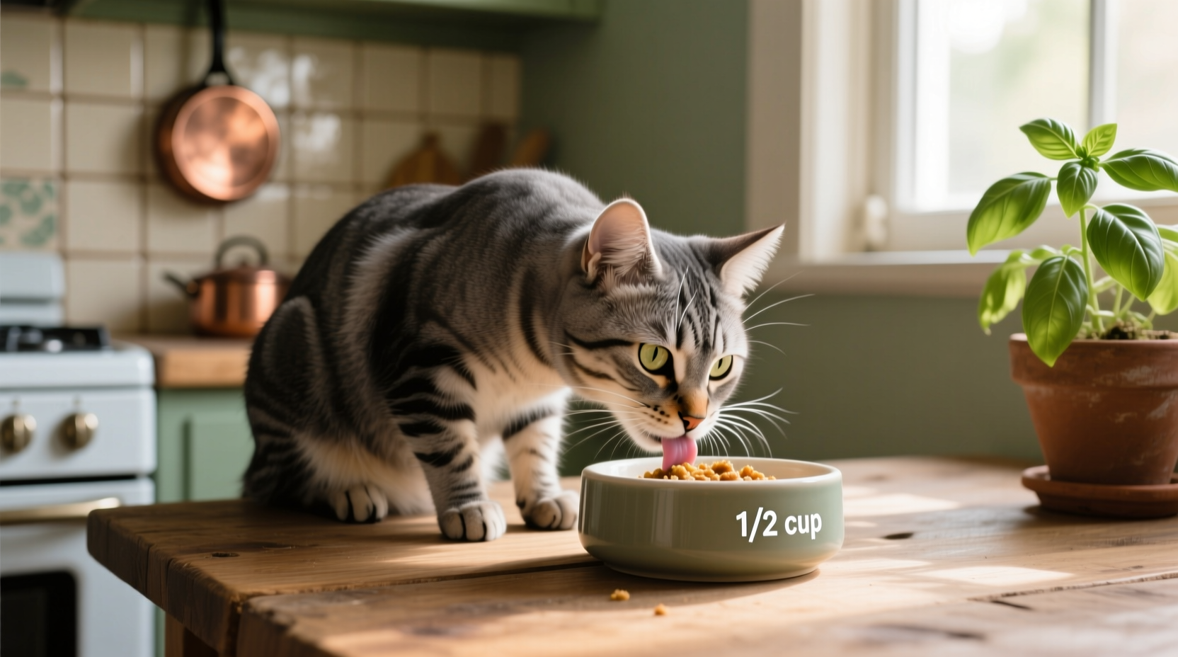 Cat eating from measured portion bowl