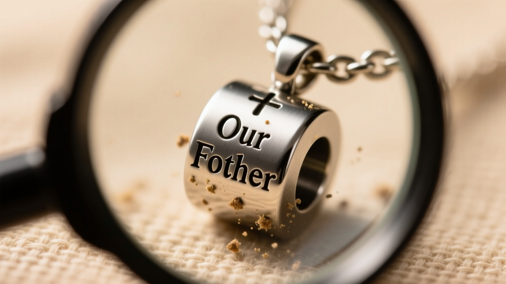 Loupe inspecting micro-engraved grooves of a steel our father necklace bead, highlighting debris trapped inside the tiny lettering.