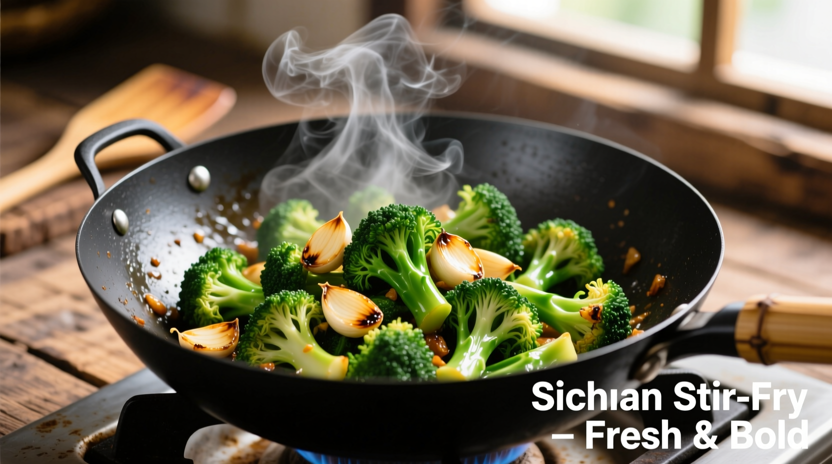 Perfectly cooked Chinese broccoli in wok with garlic
