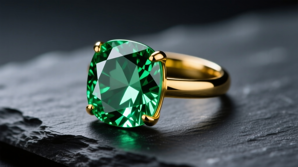 Macro shot of a faceted prasiolite green quartz gemstone set in a 14k yellow gold bezel ring on dark slate under studio lighting