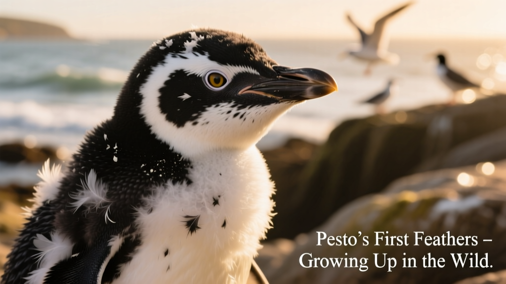 Close-up of Pesto the penguin showing patches of black down shedding and new white feathers emerging
