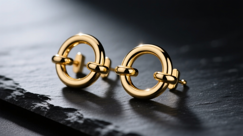 Close-up of gold horsebit earrings on dark slate, lit by soft directional lighting to highlight the interlocking metal rings.