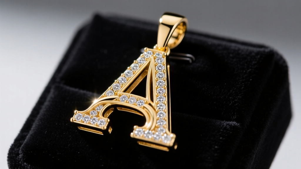 Close-up of a heavy custom 18k yellow gold letter A pendant encrusted with VVS diamonds resting on a dark velvet jewelry pad.