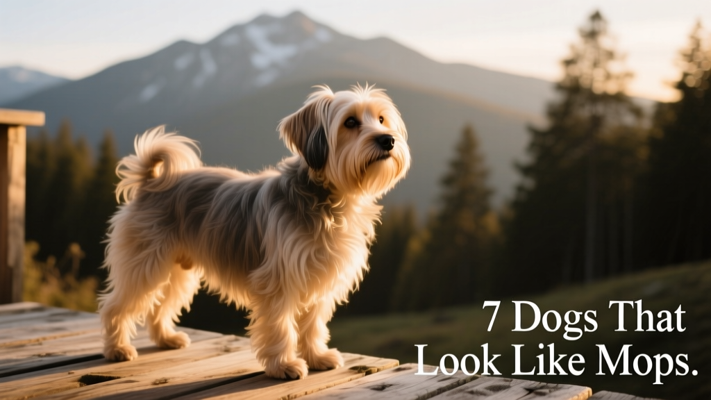 A Tibetan Terrier standing calmly on a wooden deck, coat gleaming in afternoon light, head held high with gentle eyes