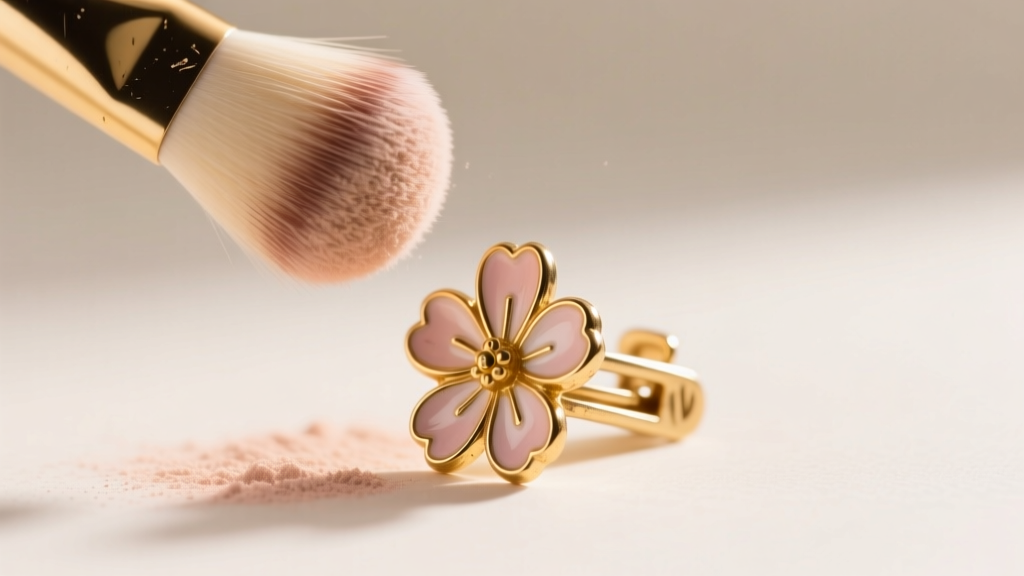 A soft-bristled makeup brush gently dusting a gold-washed vintage W. Germany floral clip-on earring under bright warm light.