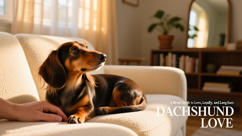 A Dachshund curled up peacefully beside a person’s hand on a sofa, illustrating their affectionate, companionable nature